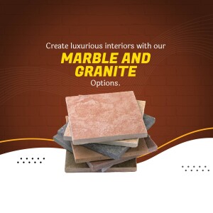 Stack of marble and granite tiles with text promoting luxurious interiors.