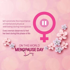 Image promoting mental and physical wellbeing during menopause with a female symbol and flowers.