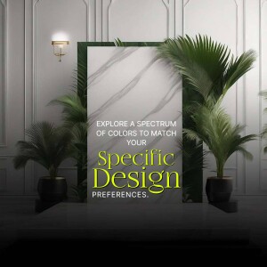 Elegant interior design featuring marble wall panel, plants, and a decorative sconce.