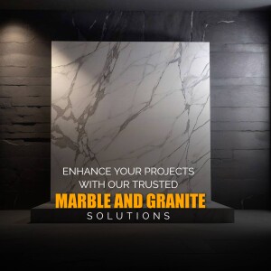 Advertisement for marble and granite solutions featuring a marble slab and text.