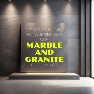 Modern interior with a framed poster advertising marble and granite offerings.