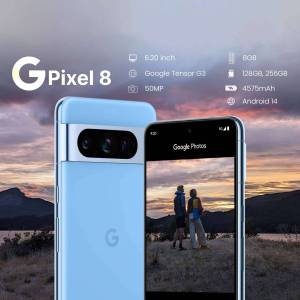 Google Pixel 8 smartphone in a light blue color, showcasing its camera and screen.