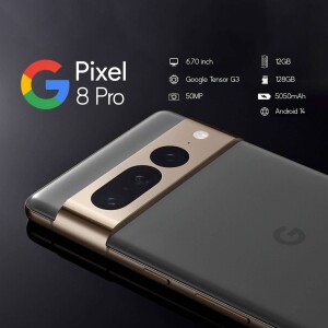 Google Pixel 8 Pro smartphone with key specifications displayed