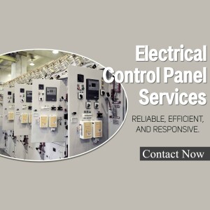 Image of an electrical control panel with text overlay promoting electrical control panel services.