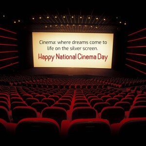 Empty cinema seats facing a screen displaying 'Happy National Cinema Day'