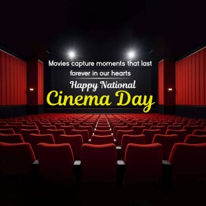 An empty movie theater with a screen displaying 'Happy National Cinema Day'