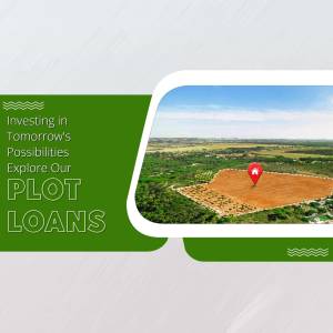 Aerial view of a plot of land with a pin marker, promoting plot loans.