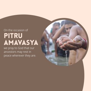 Hands cupped holding water with people performing rituals in the background, commemorating Pitru Amavasya.