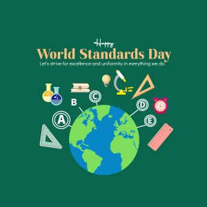Illustration for World Standards Day featuring a globe surrounded by symbols of science, measurement, and quality.