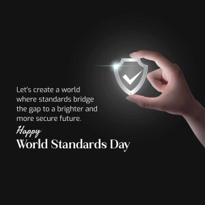 Hand holding a glowing shield with a checkmark, representing security and standards.