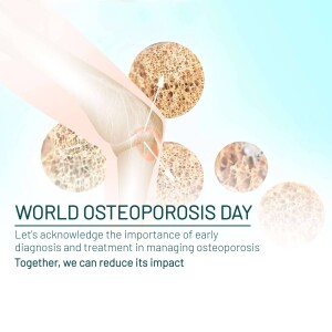 Illustration of a knee joint with bone texture and text promoting World Osteoporosis Day.