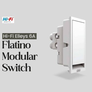White Hi-Fi Elleys 6A Flatino Modular Switch on a gray background