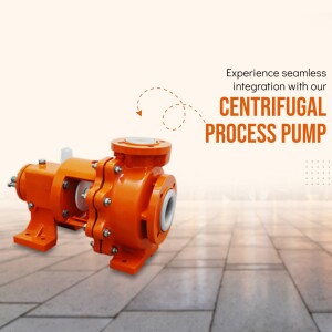 Orange centrifugal process pump on a tiled floor with text overlay.