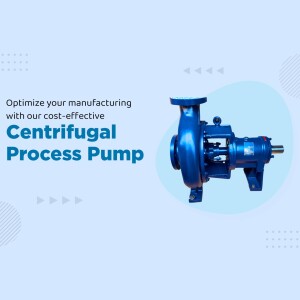 Blue centrifugal pump on a light blue background with text promoting manufacturing optimization.