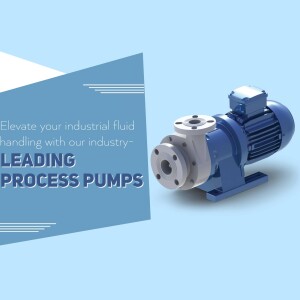 Blue industrial process pump with text overlay