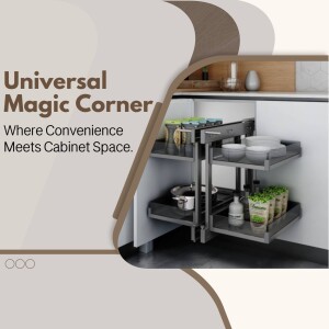 Image of a Universal Magic Corner cabinet organizer in a modern kitchen.