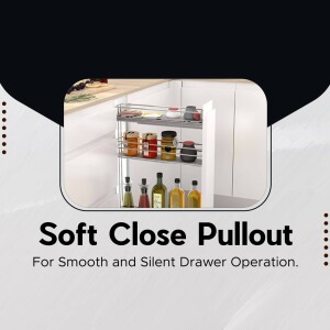 Modern kitchen cabinet with soft close pullout shelves for spice and bottle storage
