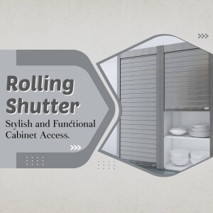 Close-up of a modern rolling shutter cabinet with white dishes inside.