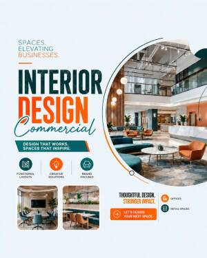 Professional commercial interior design services flyer showcasing modern office lobby and conference room interiors