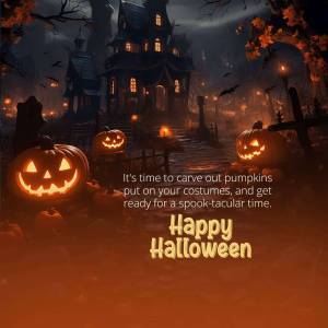 A spooky Halloween scene with a haunted house, pumpkins, and bats.