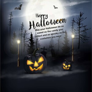 Halloween scene with a full moon, jack-o'-lanterns, and a spooky forest.