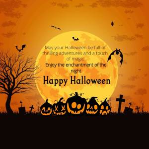 Halloween greeting with pumpkins, a full moon, and spooky trees