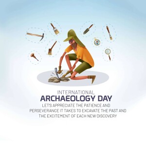 Illustration of an archaeologist excavating with tools surrounding them, celebrating International Archaeology Day.