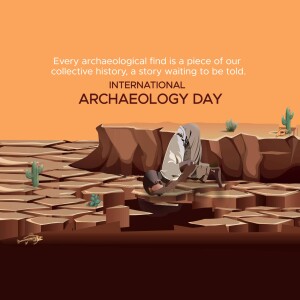 Illustration of an archaeologist excavating in a desert landscape for International Archaeology Day.