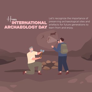 Illustration of archaeologists excavating a site with cave paintings in the background.