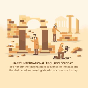 Illustration of archaeologists working at an ancient ruin site with Greek columns.