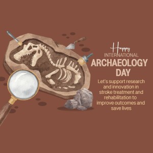 Illustration of a dinosaur skeleton being excavated with archaeological tools and a magnifying glass.