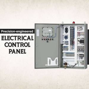 Close-up of a gray electrical control panel with wiring and components visible.