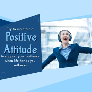 Woman with headphones smiling and arms outstretched, with text promoting a positive attitude.