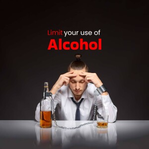 Man chained to an alcohol bottle, symbolizing addiction.