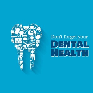 Tooth shaped illustration filled with dental tools and health icons.