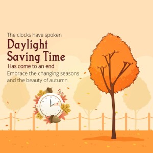 Illustration of a tree with autumn leaves and a clock, announcing the end of Daylight Saving Time.