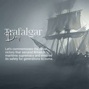 Historical image of a sailing ship with text 'Trafalgar Day'