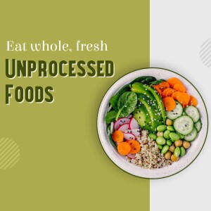 A colorful bowl of fresh, unprocessed foods including vegetables, grains, and legumes.