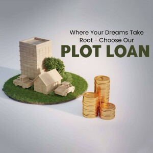 Illustration of a house, cars, and gold coins on a green circular platform with text promoting plot loans.
