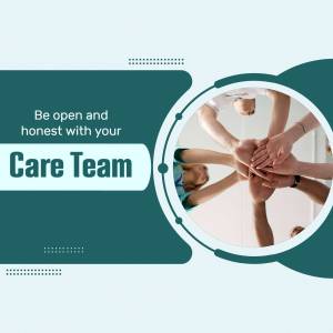 A diverse group of healthcare professionals with hands stacked in a team huddle.
