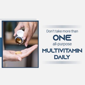 Hand pouring a multivitamin pill into another hand with text promoting taking only one daily.