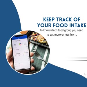 Smartphone displaying a food tracking app with a meal prep container in the background.