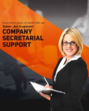 Woman in a business suit holding a notepad with text promoting company secretarial support.