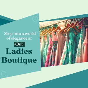 A promotional image for a ladies boutique featuring dresses on hangers.