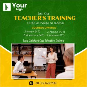 Advertisement for teacher training courses with a woman teaching in a classroom.