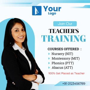 Image promoting teacher training courses with a woman in a suit.
