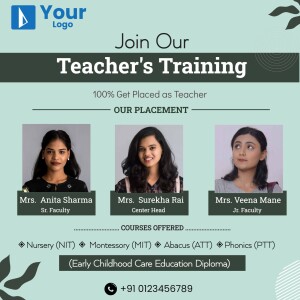 Promotional image for a Teacher Training program with faculty details and placement guarantee.