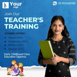 Advertisement for teacher training courses featuring a female teacher and course details.