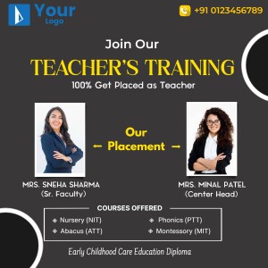 Promotional image for a teacher training program with details about placement and courses offered.