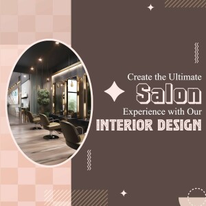 Modern salon interior with text promoting interior design services.
